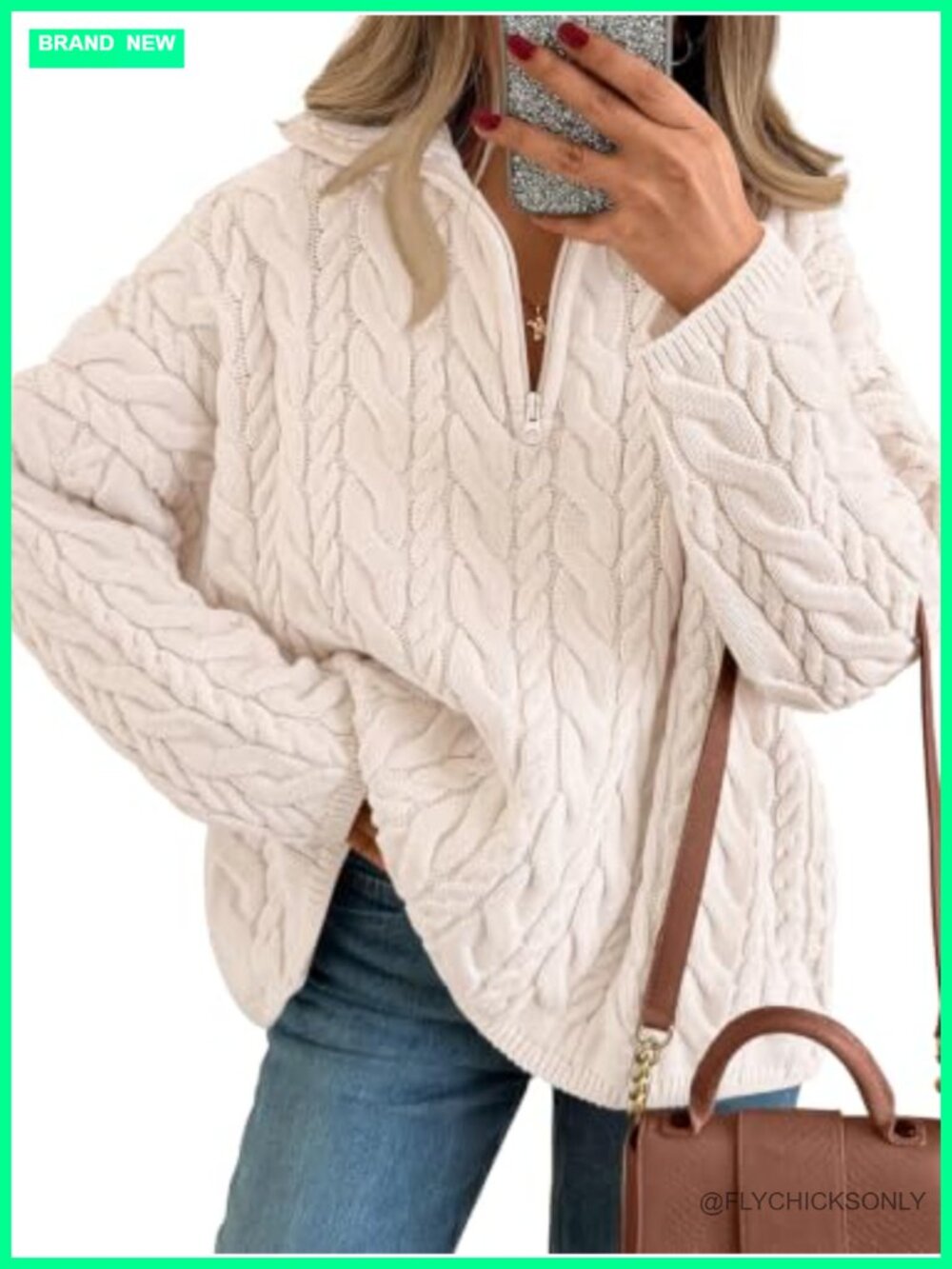 Oversized Chunky Cable Knit Quarter Zip Pullover Sweater Cotton Acrylic